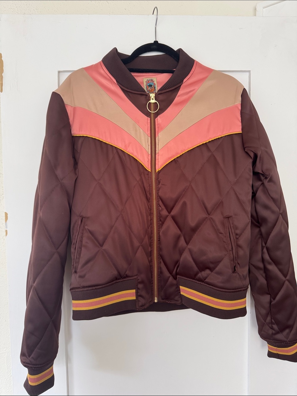 Brown Quilted Bomber Jacket with Pink Chevron Accents